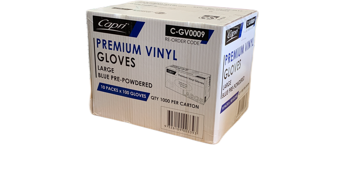 Capri Premium Vinyl Blue Gloves Pre-Powdered  Large 1000 Pcs (10 X 100pcs)- C-GV0009