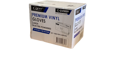 Capri Premium Vinyl Blue Gloves Pre-Powdered  Large 1000 Pcs (10 X 100pcs)- C-GV0009