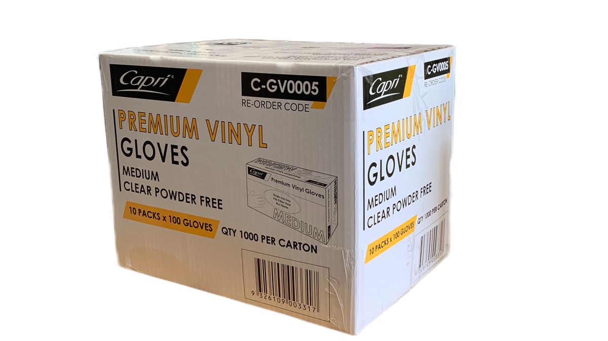 Capri Premium Vinyl Gloves Powder Free Medium Clear 1000 Pcs (10 X 100pcs) C-GV0005