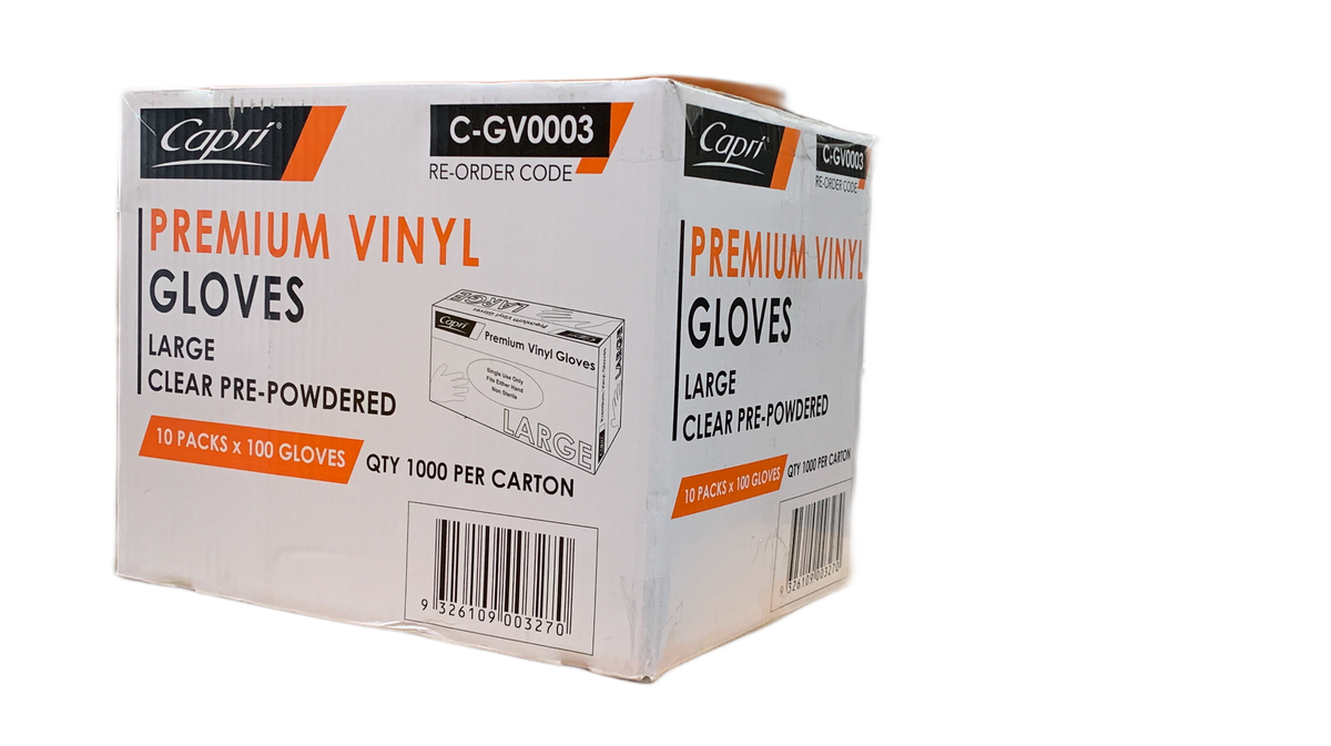 Capri Premium Vinyl Gloves Pre Powdered Large Clear 1000 Pcs (10 X 100pcs) C-GV0003