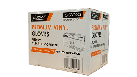 Capri Premium Vinyl Gloves Pre Powdered Medium Clear 1000 Pcs (10 X 100pcs) C-GV0002