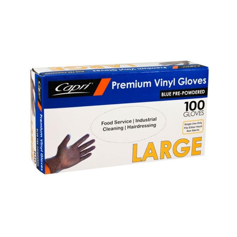 Capri Premium Vinyl Blue Gloves Pre-Powdered  Large 1000 Pcs (10 X 100pcs)- C-GV0009