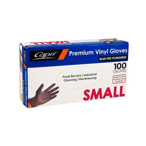 Capri Premium Vinyl Blue Gloves Pre-Powdered  Small 1000 Pcs (10 X 100pcs)- C-GV0007