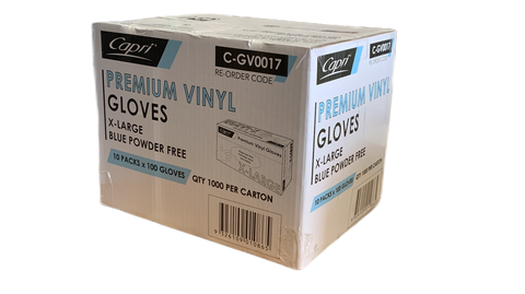 Capri Premium Vinyl Blue Gloves Powder Free X-Large 1000 Pcs (10 X 100pcs) C-GV0017