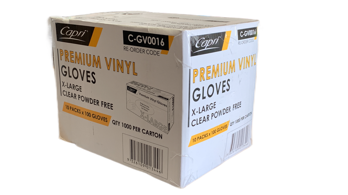 Capri Premium Vinyl Gloves Powder Free Extra-Large Clear 1000 Pcs (10 X 100pcs) C-GV0016