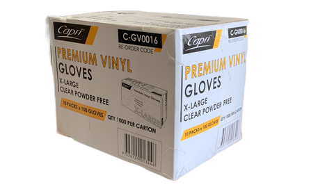 Capri Premium Vinyl Gloves Powder Free Extra-Large Clear 1000 Pcs (10 X 100pcs) C-GV0016