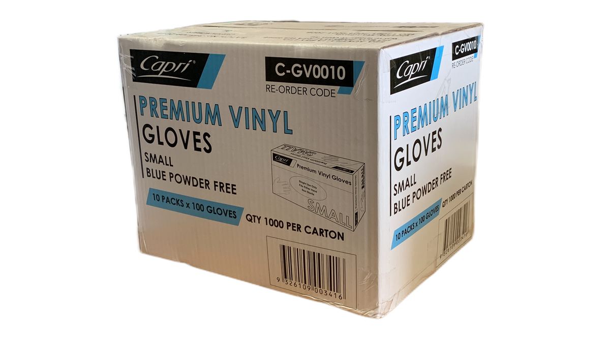 Capri Premium Vinyl Blue Gloves Powder Free Small 1000 Pcs (10 x 100pcs)