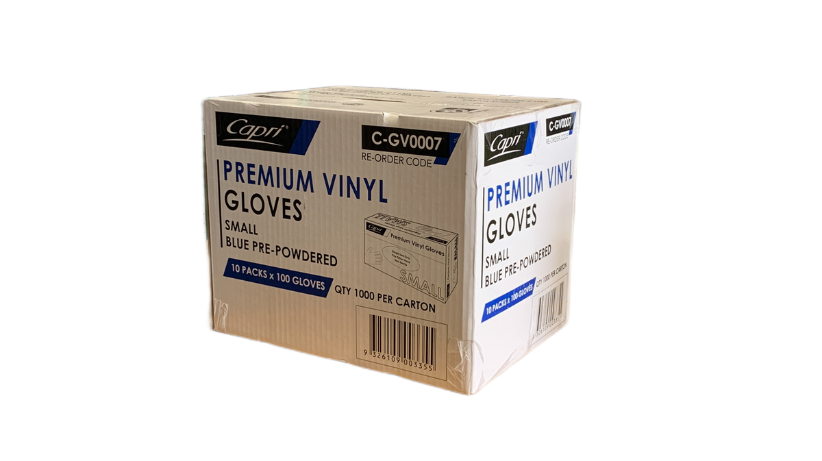 Capri Premium Vinyl Blue Gloves Pre-Powdered  Small 1000 Pcs (10 X 100pcs)- C-GV0007