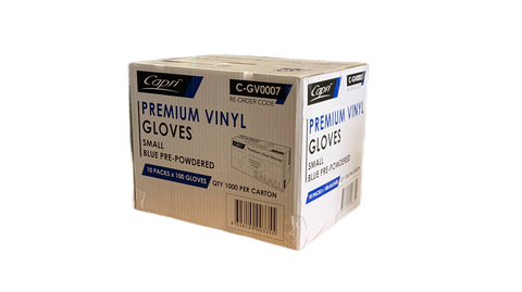 Capri Premium Vinyl Blue Gloves Pre-Powdered  Small 1000 Pcs (10 X 100pcs)- C-GV0007