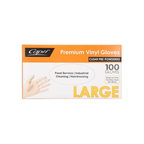 Capri Premium Vinyl Gloves Pre Powdered Large Clear 1000 Pcs (10 X 100pcs) C-GV0003