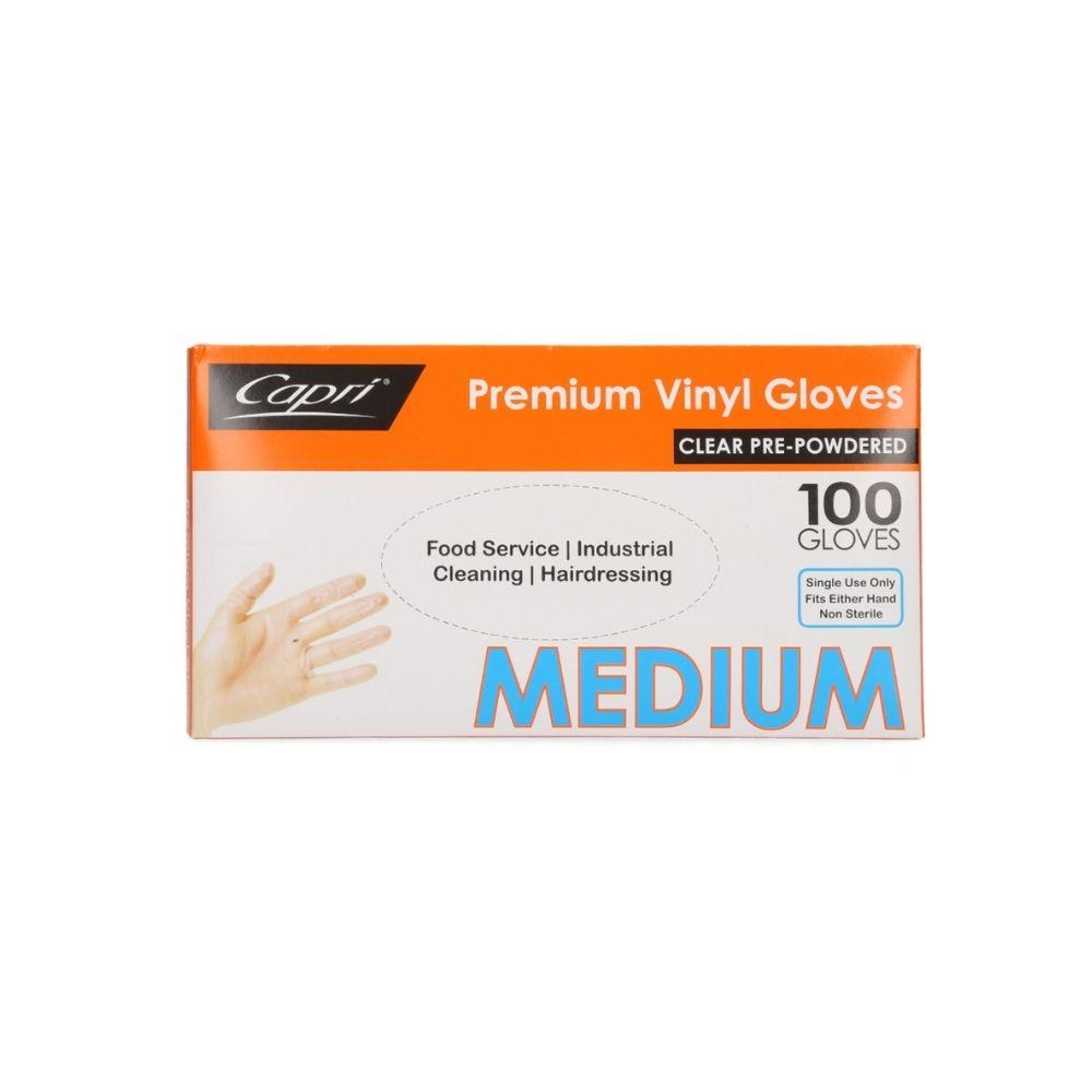 Capri Premium Vinyl Gloves Pre Powdered Medium Clear 100Pcs C-GV0002